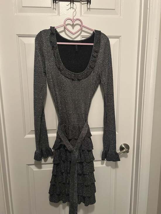 BCBGMaxAzria Dresses & Skirts - BCBGMAXAZRIA Cassie Metallic Silver/Black Long Sleeve Ruffle Sweater Dress